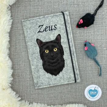 Impfpasshülle Katze Designbeispiel hellgrau meliert für die schwarze Katze